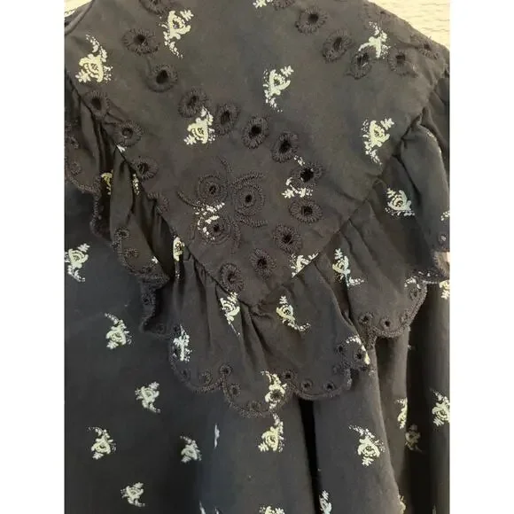 Black Floral Eyelet Ruffle Collar Blouse Size Medium Boho Cottagecore - Picture 4 of 7